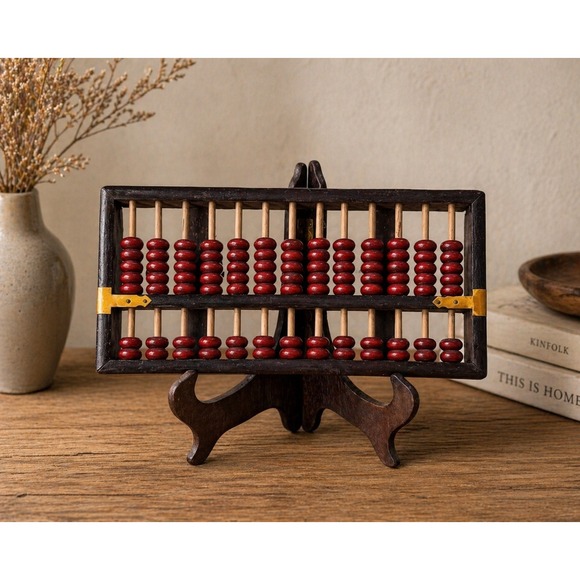 Other - Vintage Chinese Wooden Abacus 13 Column Suanpan Red Beads Black Frame 10.5in